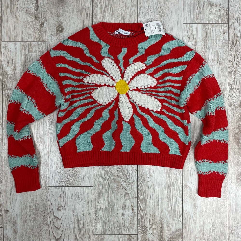 Zara S Red and Green Striped Sweater with Daisy Design